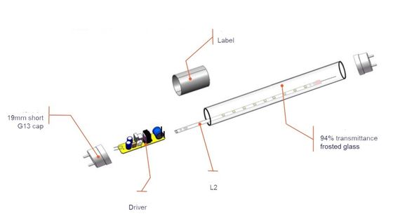 Luz de tubo de vidrio con tapa de extremo de plástico 17W 1200mm T8 tubos LED con clasificación IP66 y 125lm/w